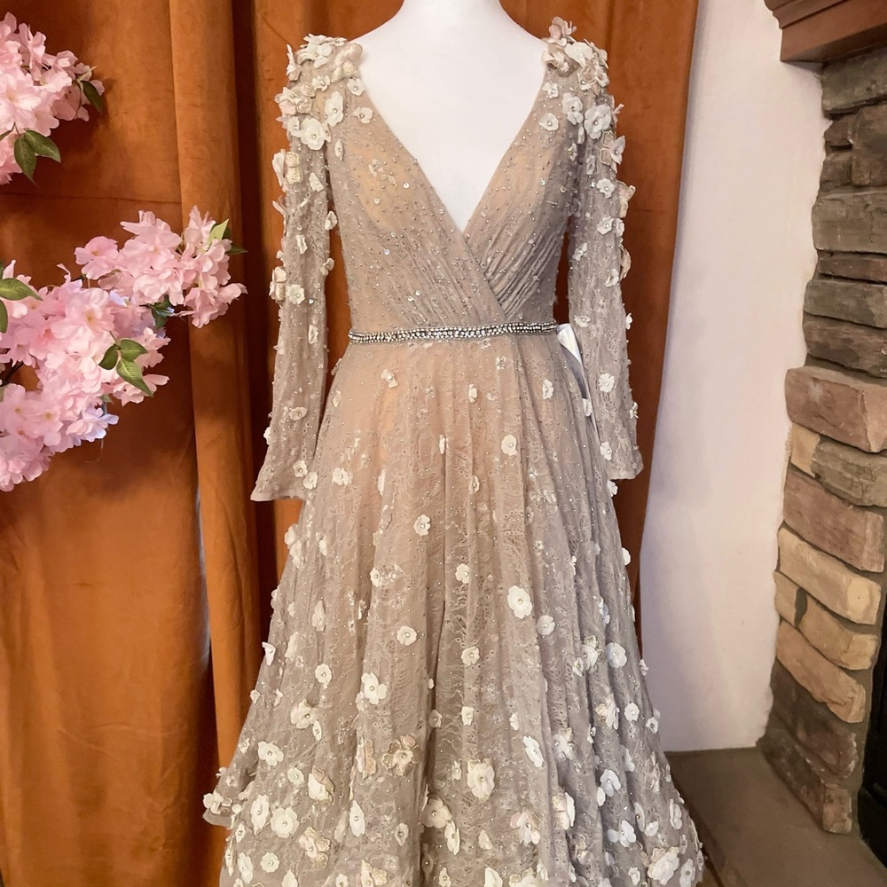 Mac Duggal Beige Floral Wedding Dress 67387